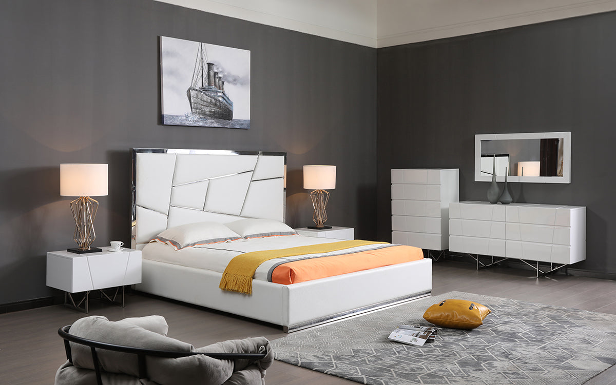 Eastern King Chrysler Modern White Bonded Leather Bed
