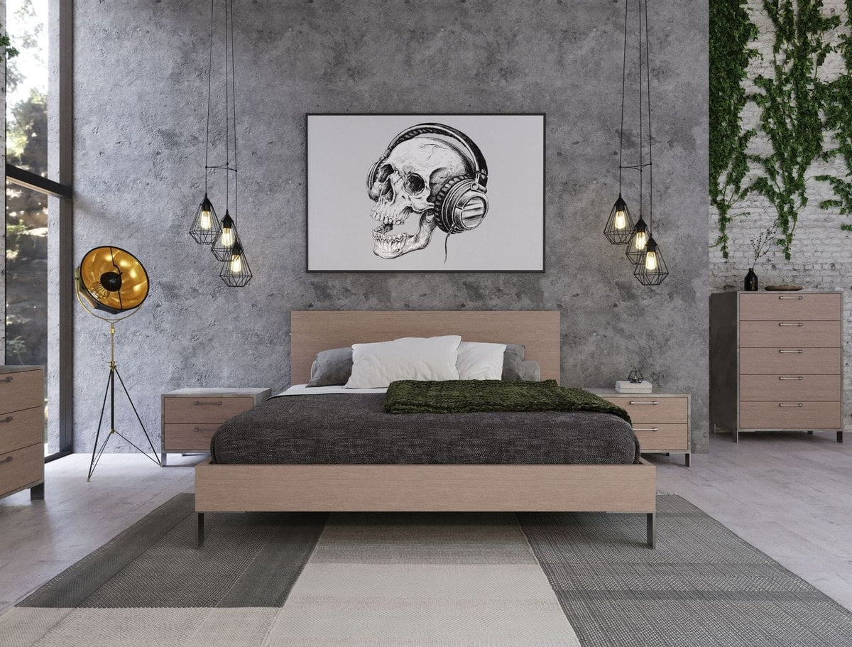 Queen Boston Modern Brown Oak & Brushed Stainless Steel Bed