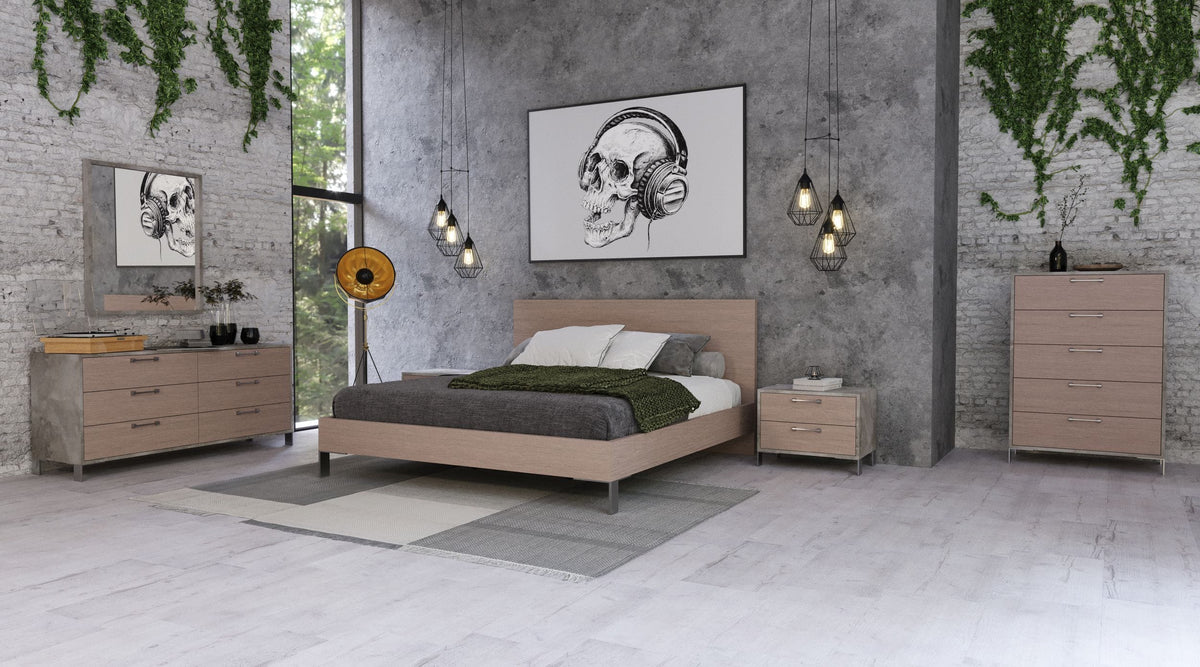 Queen Boston Modern Brown Oak & Brushed Stainless Steel Bed