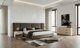Eastern King Breslow + Lago Modern Dark Taupe Fabric + Faux Travertine 4-Piece Bedroom Set