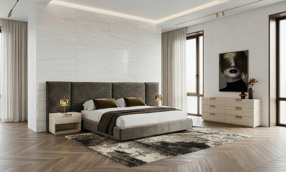 Eastern King Breslow + Lago Modern Dark Taupe Fabric + Faux Travertine 4-Piece Bedroom Set