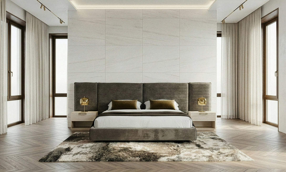 Breslow + Lago Modern Dark Taupe Fabric + Faux Travertine 4-Piece Bedroom Set