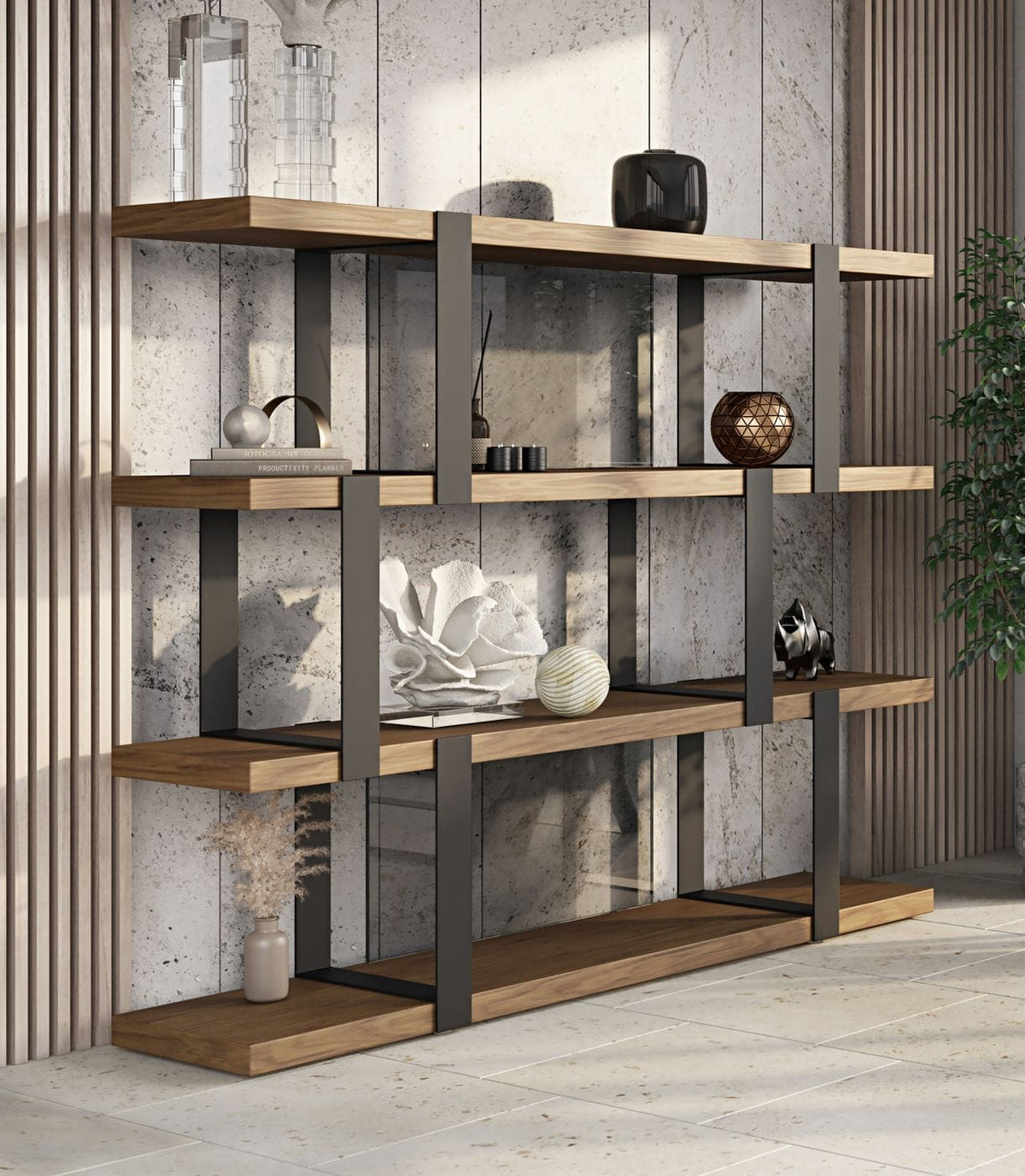 Brewer Modern Walnut & Black Bookshelf