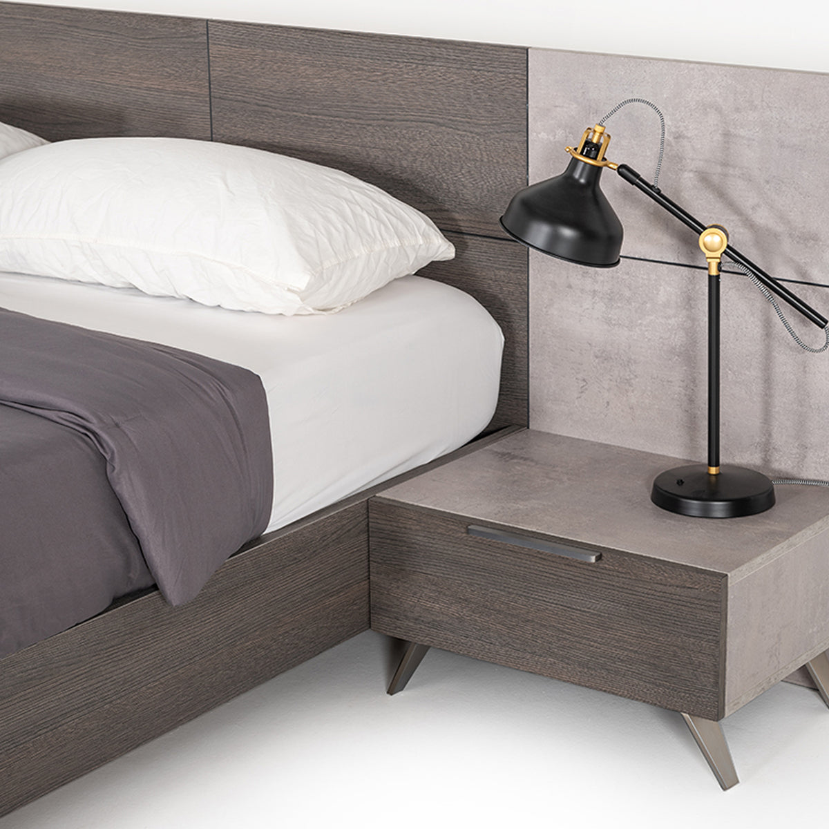Bronx Italian Modern Faux Concrete & Grey Bed + 2 Nightstands Set