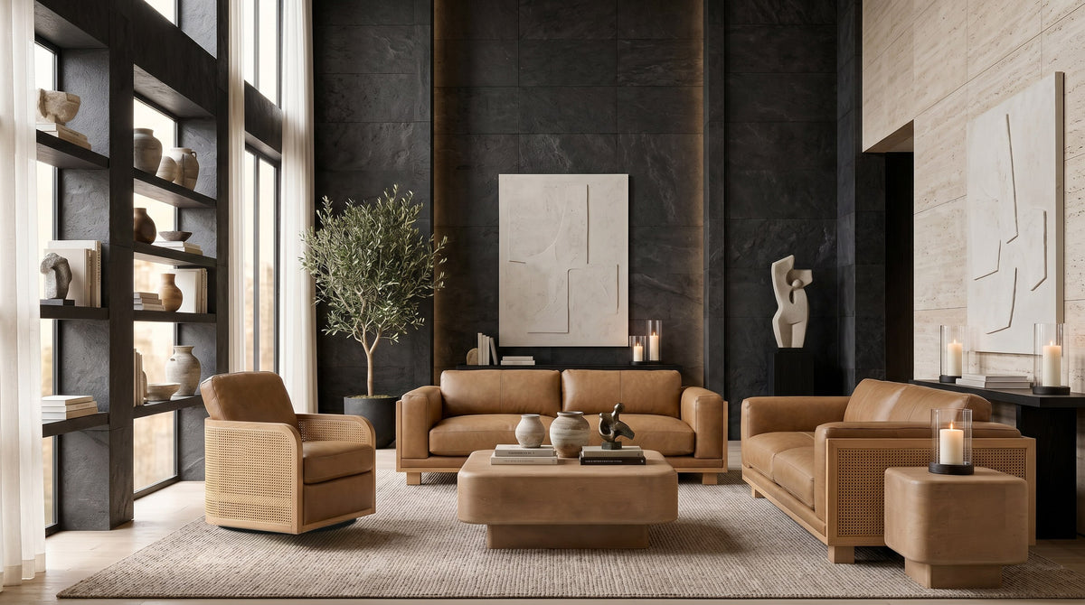 Danson Modern Tan Leather + Wicker Swivel Accent Chair