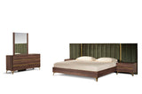 Calabria Modern Walnut & Green Velvet Bed & Nightstands