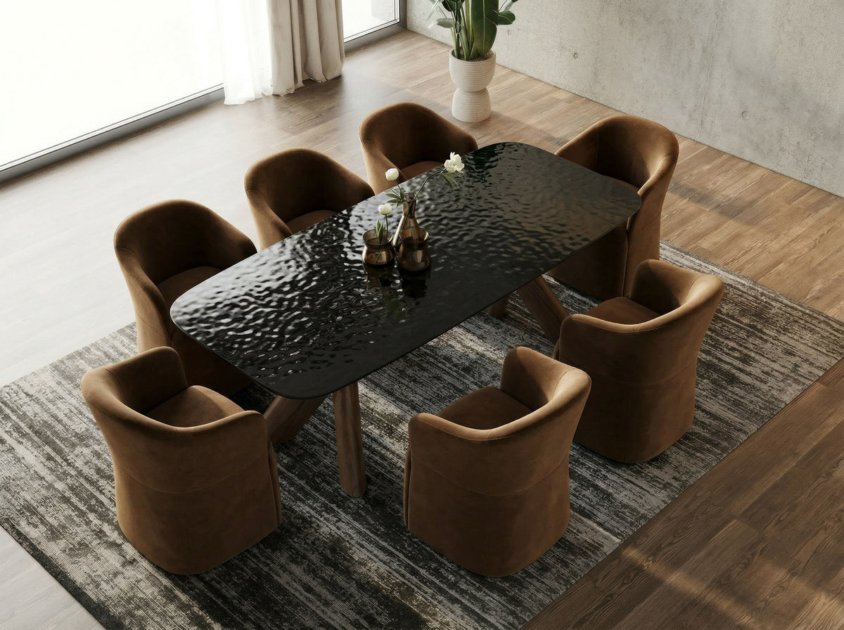 Carnaby Modern Dark Grey Glass + Walnut Dining Table