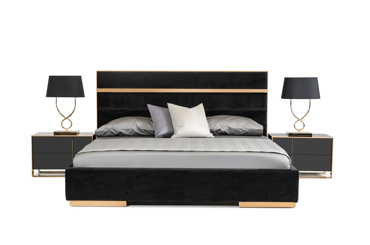 California King Cartier Modern Black Velvet & Brushed Bronze Bed