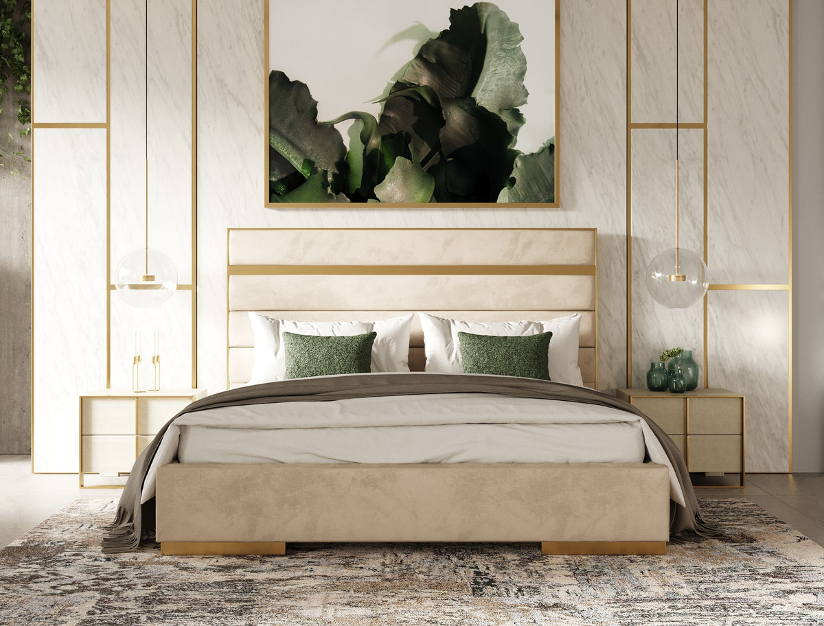 Cartier Modern Beige Velvet + Brushed Brass 4-Piece Bedroom Set