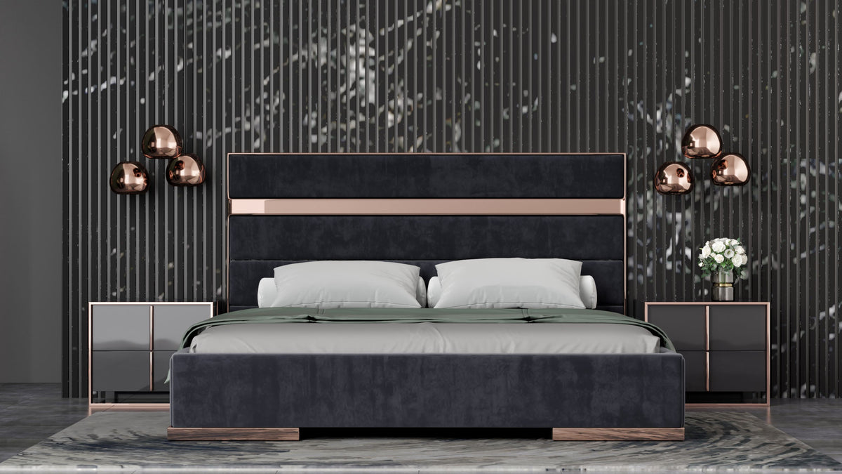 Cartier Queen Modern Black + Rose Gold Bed + Nightstands