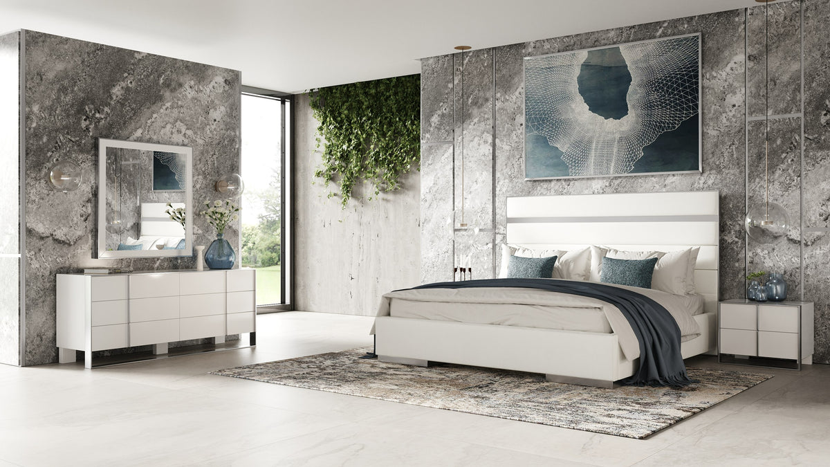 Cartier Modern White Vegan Leather + Stainless Steel Bedroom Set