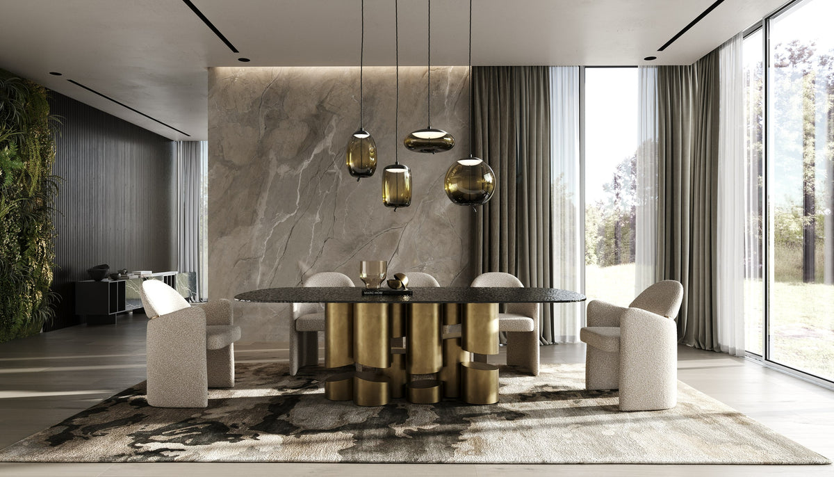 Chancery Modern Dark Grey Glass + Antique Brass Dining Table