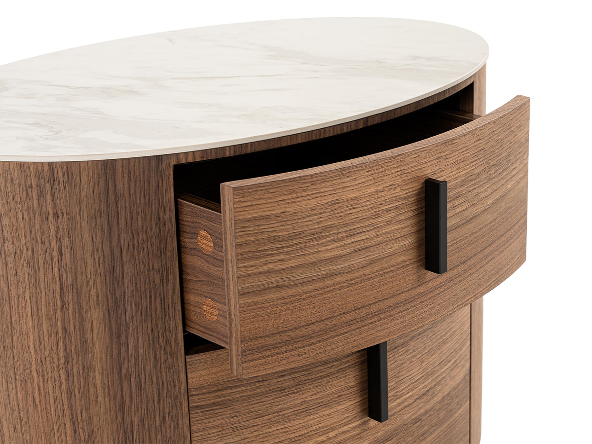 Chelton Contemporary White Ceramic & Walnut Oval Nightstand