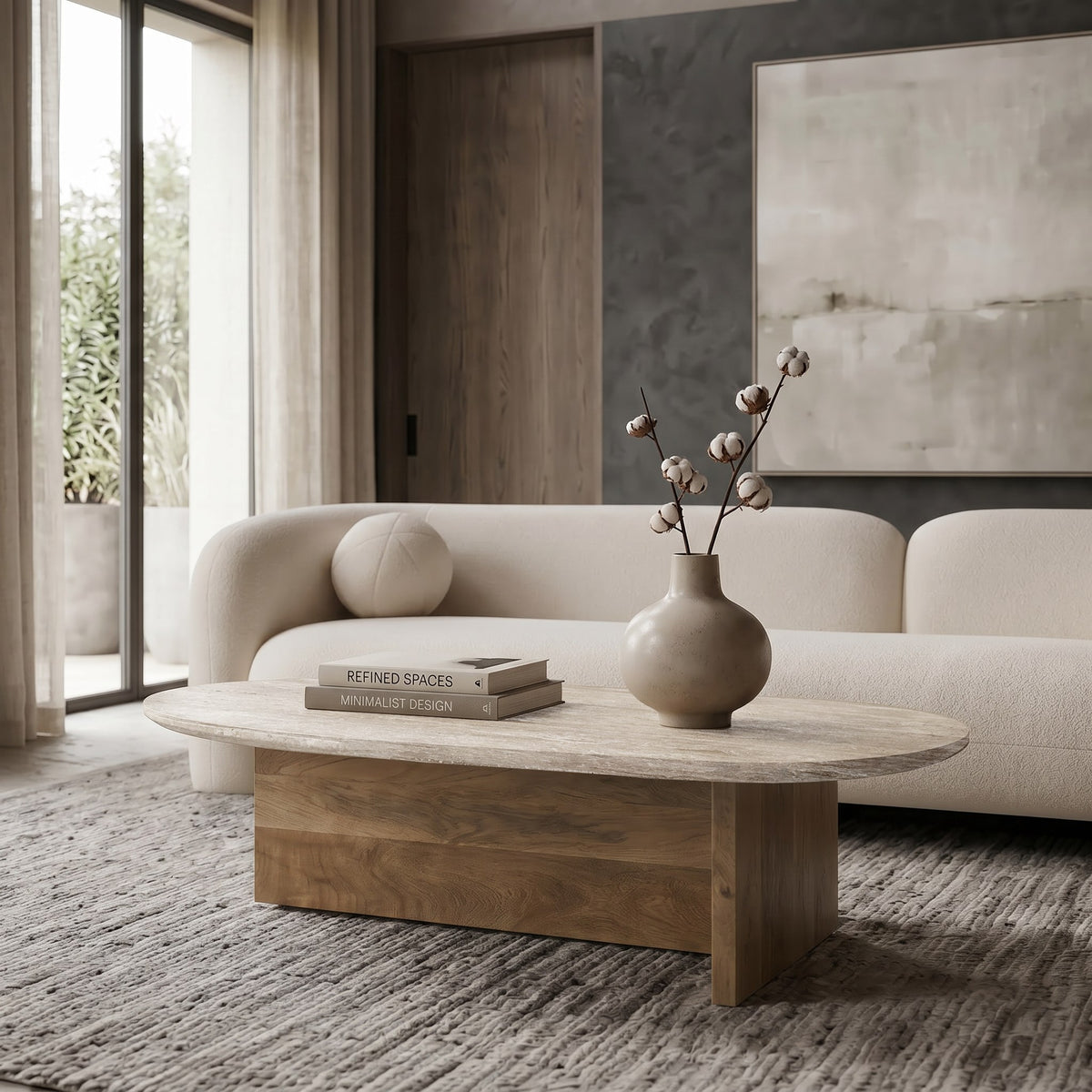 Chisholm Modern Travertine Marble + Wood Freeform Coffee Table