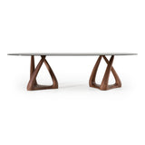 Christy Mid-Century Modern Grey Glass + Walnut Oval Dining Table