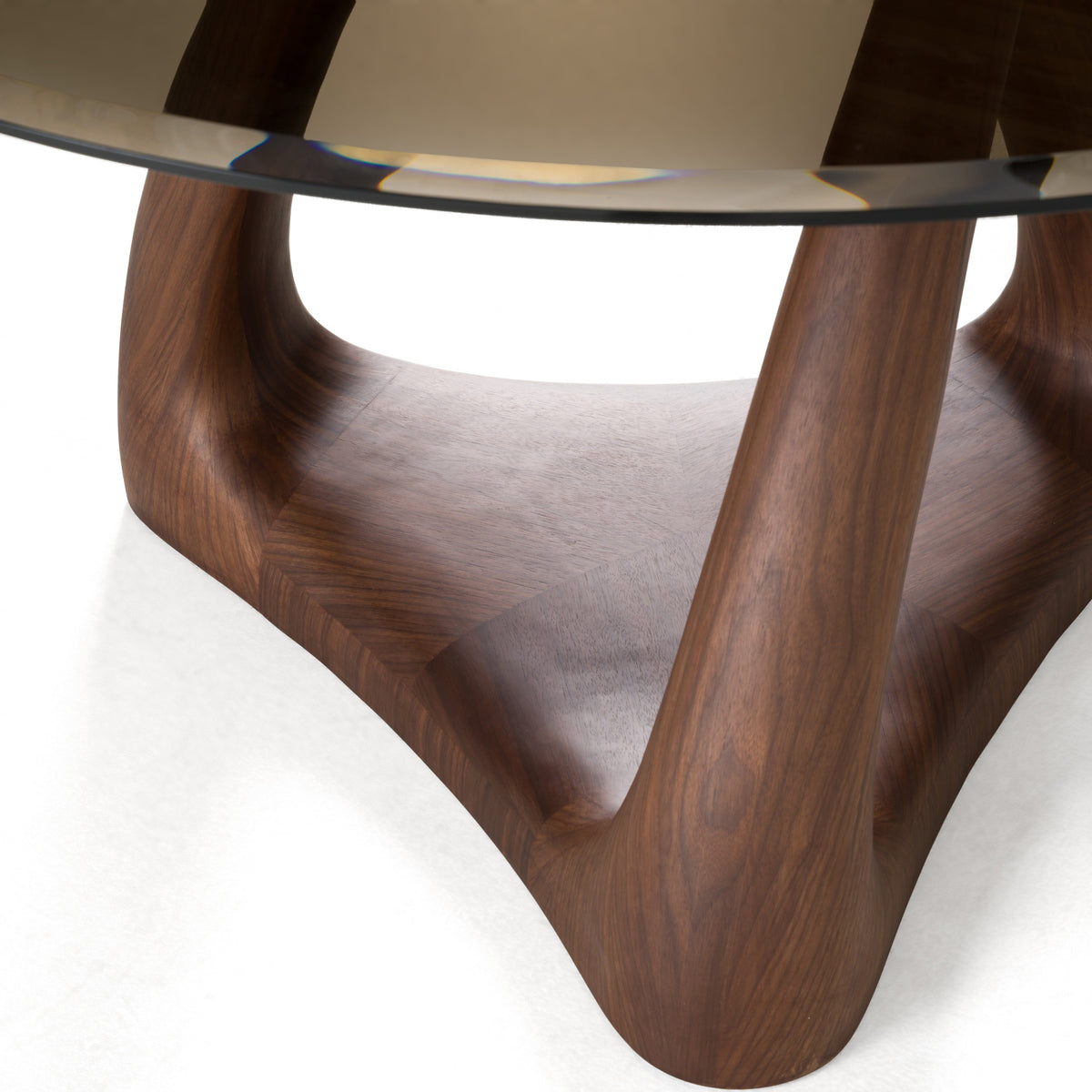 Christy Mid-Century Modern Grey Glass + Walnut Round Dining Table