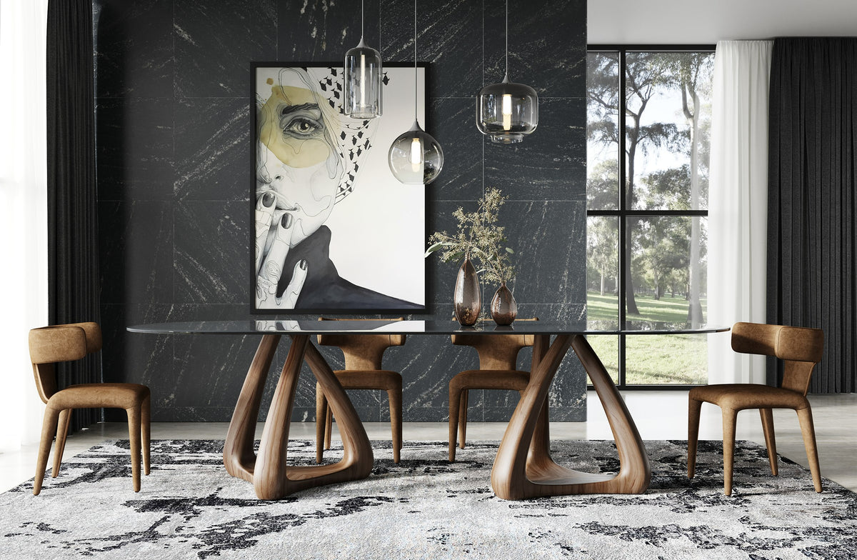 Christy Mid-Century Modern Grey Glass + Walnut Oval Dining Table