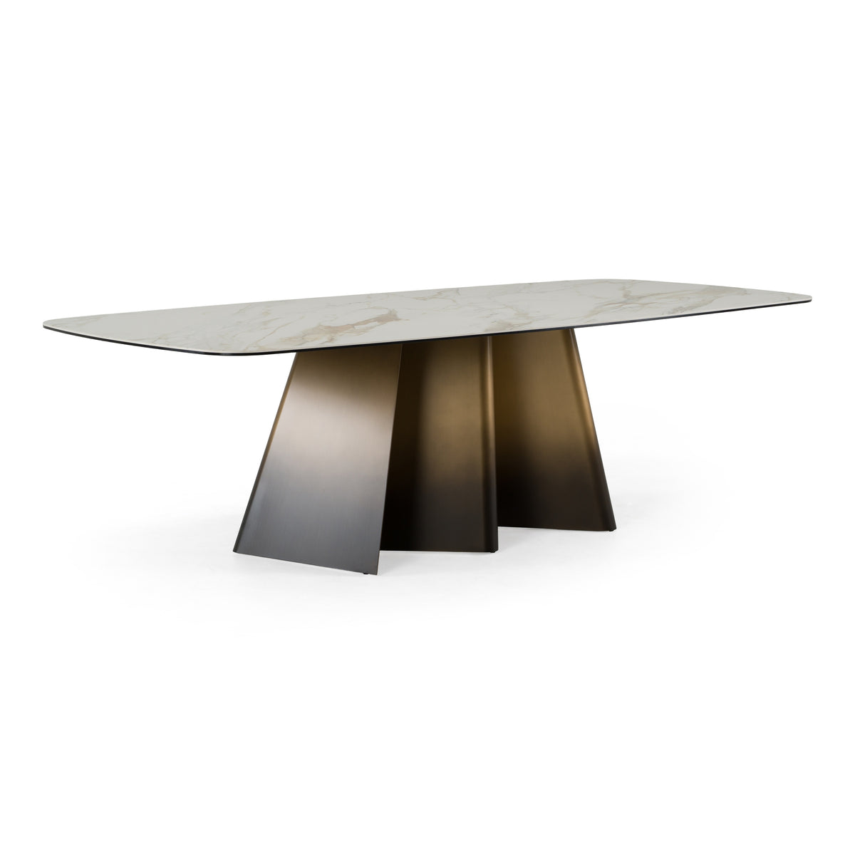 Clifford Contemporary White Ceramic + Brushed Bronze Dining Table
