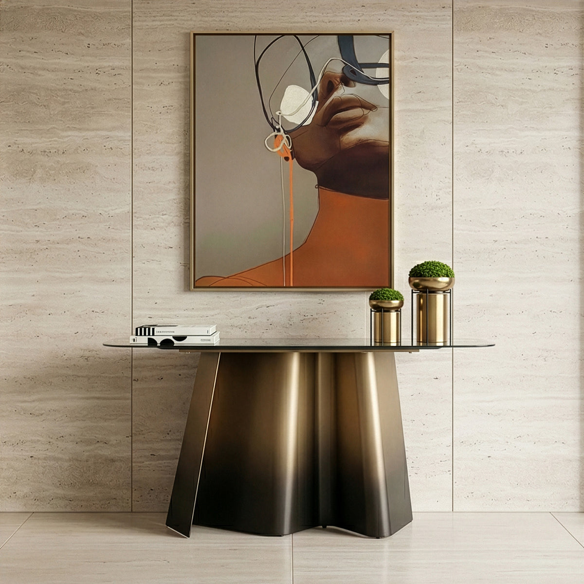 Clifford Contemporary White Ceramic + Brushed Bronze Console Table