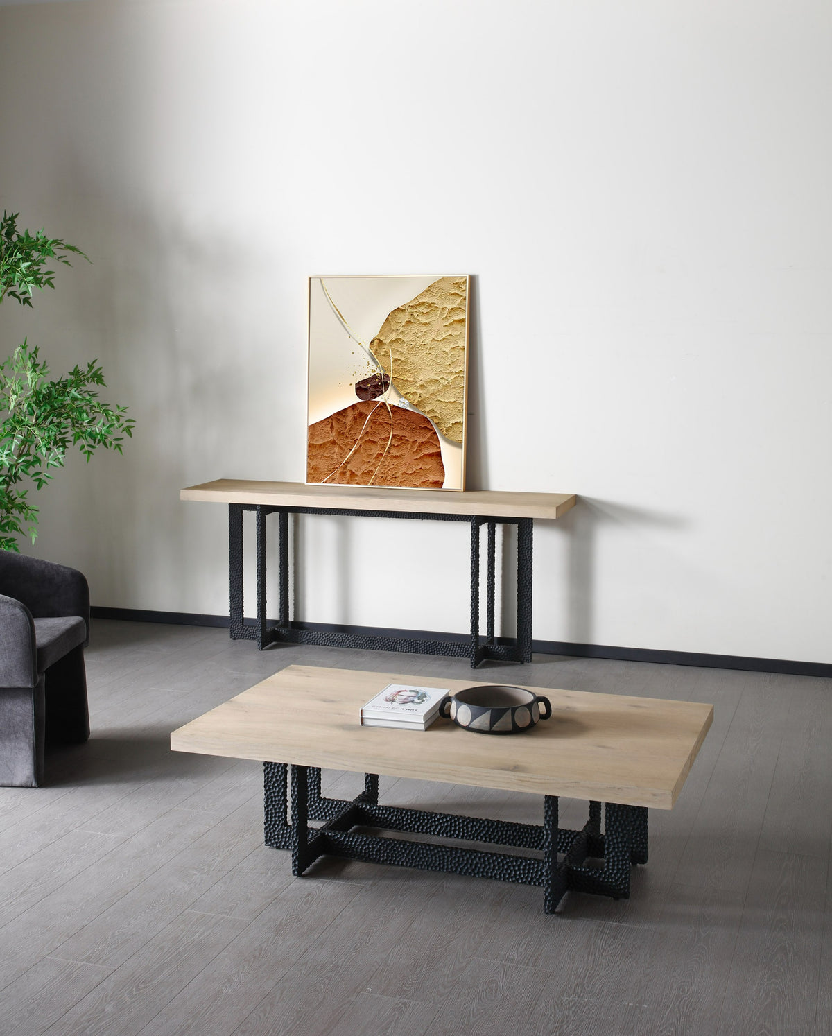K8963 Natural Oak + Black Metal Console Table