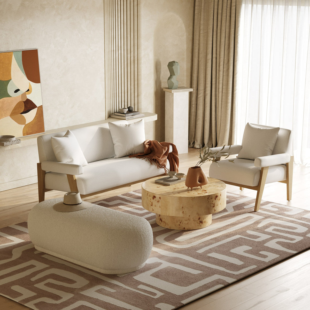 Kael Contemporary White Sherpa Ottoman