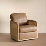 Danson Modern Tan Leather + Wicker Swivel Accent Chair