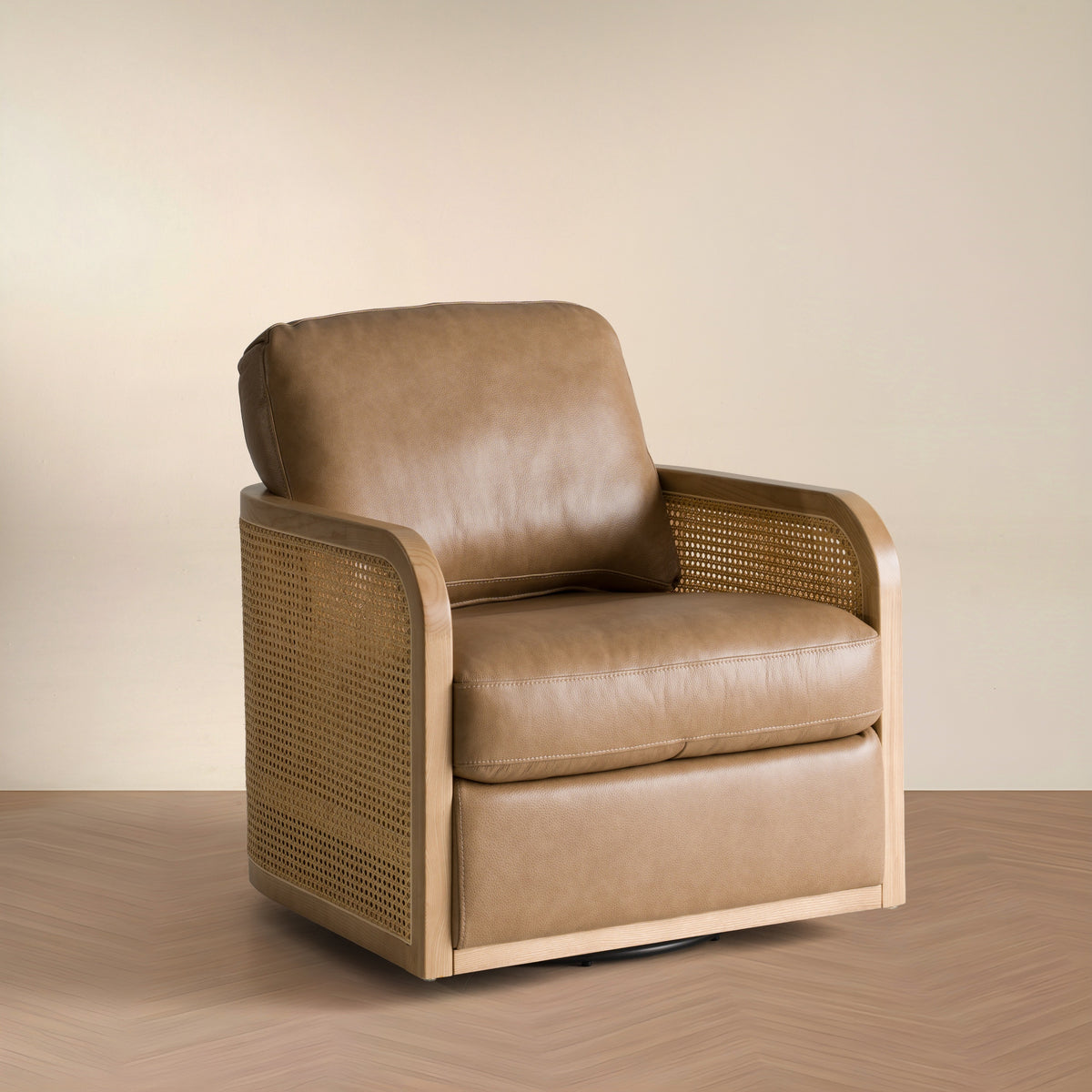 Danson Modern Tan Leather + Wicker Swivel Accent Chair