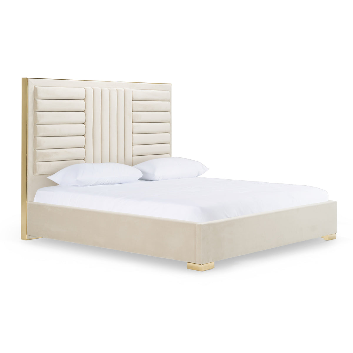 Daystar + Roma Modern Beige Velvet + Travertine + Gold Bedroom Set