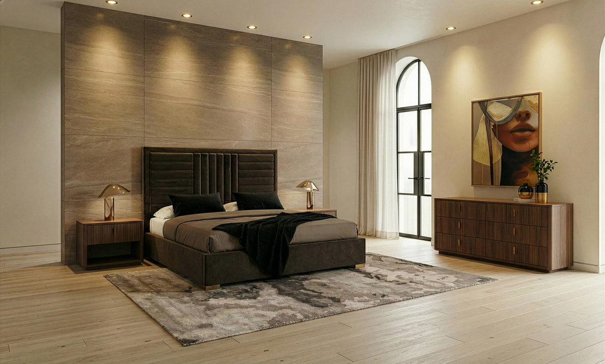 Daystar + Roma Modern Dark Brown Velvet + Walnut 4-Piece Bedroom Set