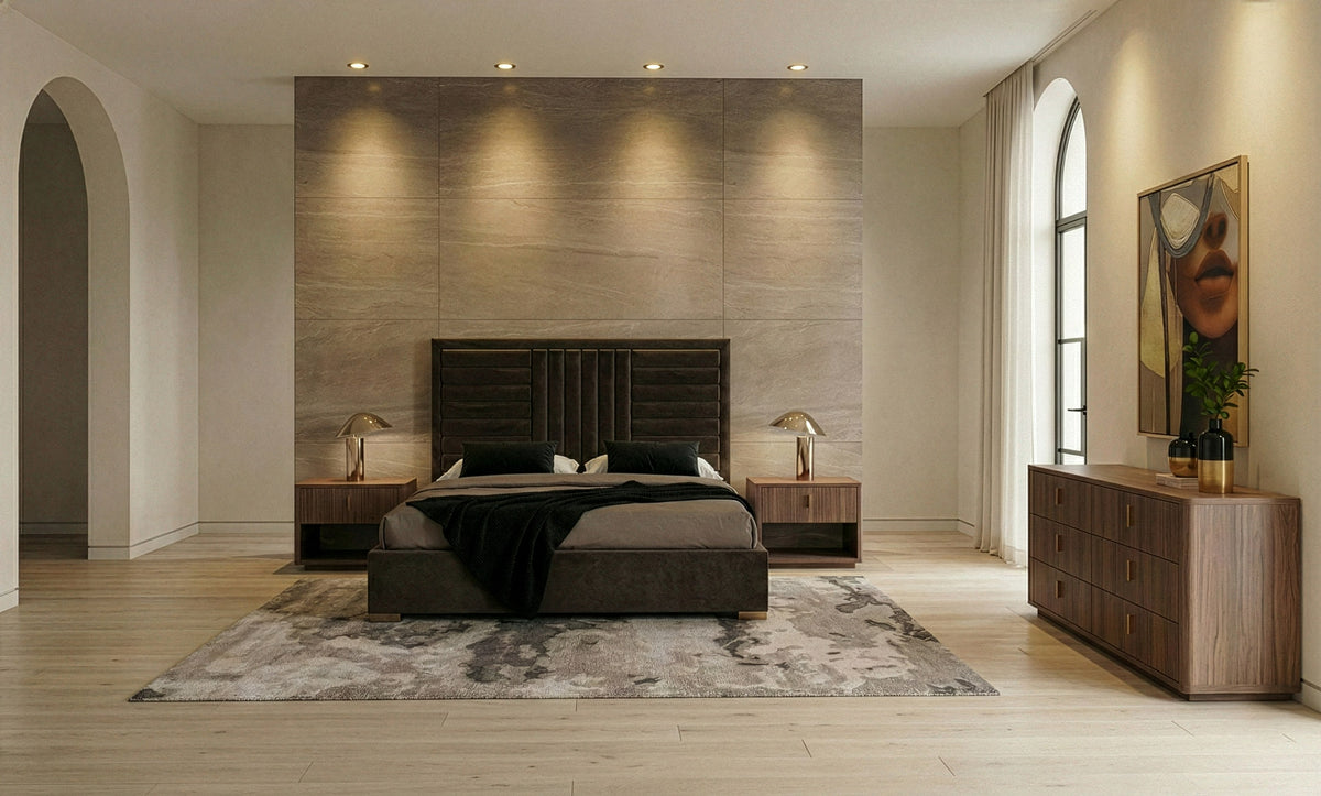 Daystar + Roma Modern Dark Brown Velvet + Walnut 4-Piece Bedroom Set