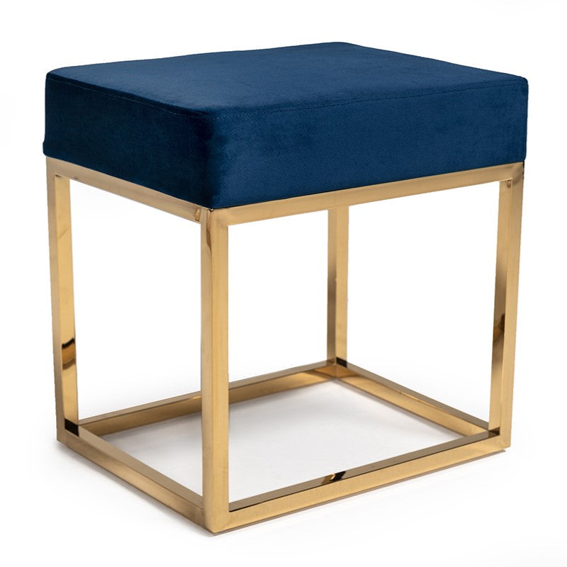 Downey Modern Blue Velvet & Gold Stool Ottoman