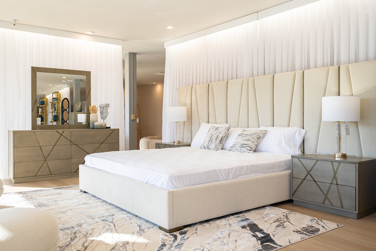 Nixa Modern Beige Velvet + Brushed Bronze Bed-queen