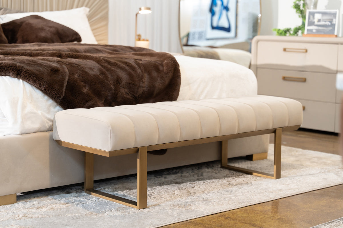 Robles Modern Beige Fabric + Antique Brass Dining Bench
