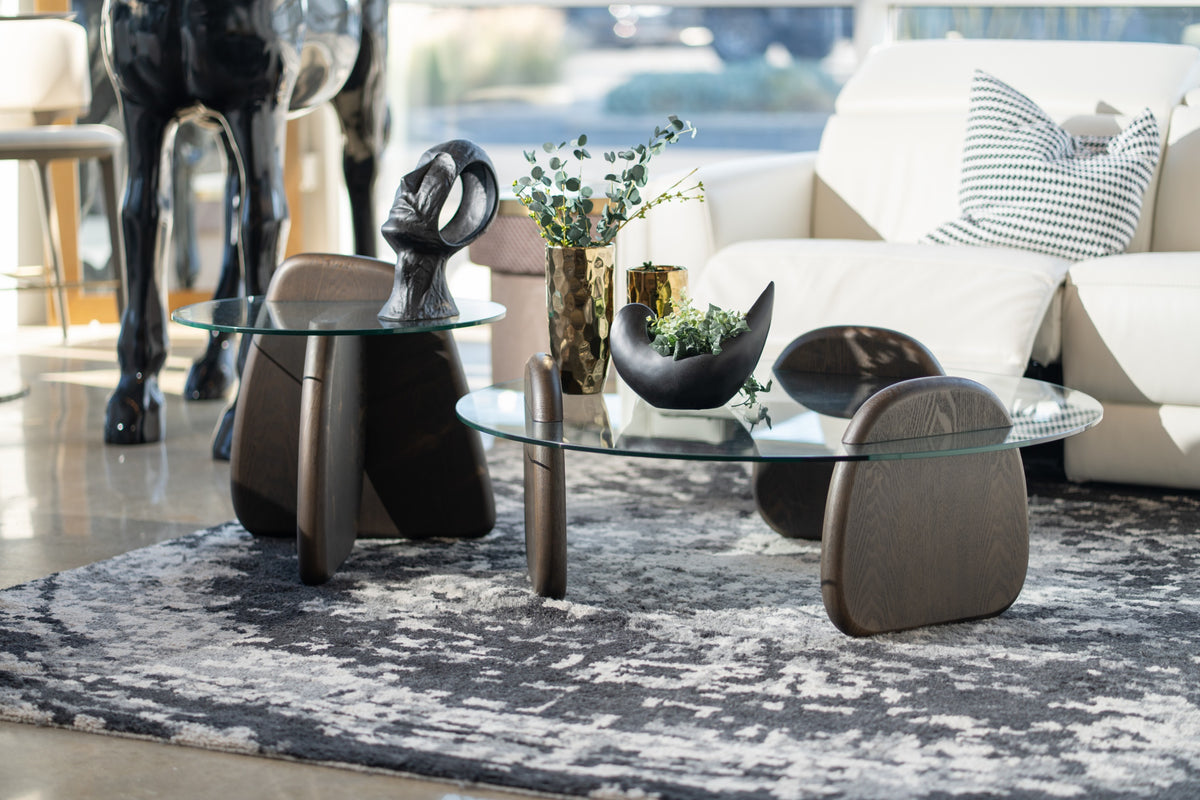 Buxton Mid-Century Modern Glass + Dark Walnut Coffee Table
