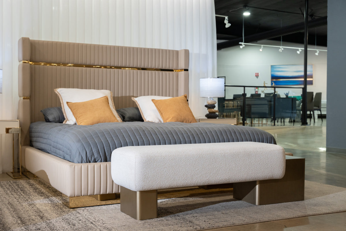 Triumph Contemporary Off-White Fabric + Antique Brass Bench