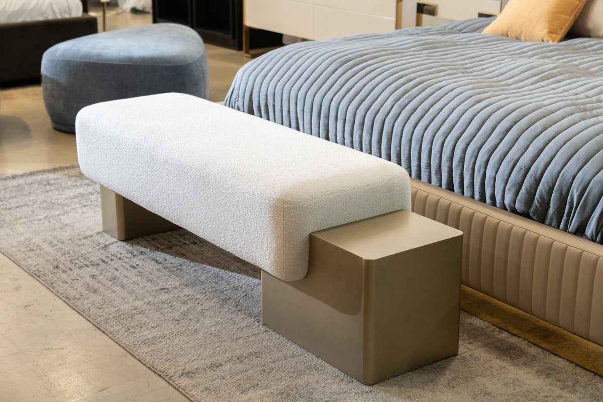 Triumph Contemporary Off-White Fabric + Antique Brass Bench