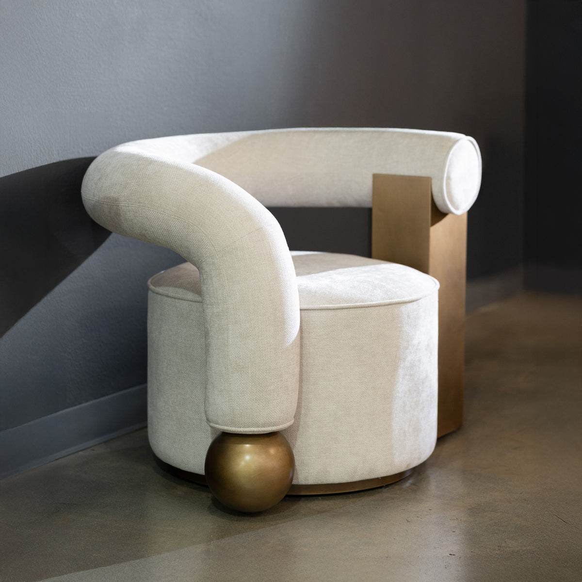 Tranquil Contemporary Beige Fabric + Antique Brass Accent Chair