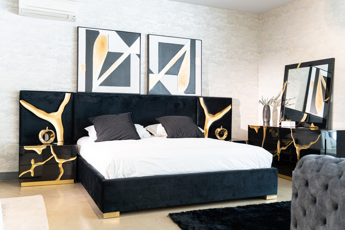 Aspen Modern Black + Gold Bed + Nightstands