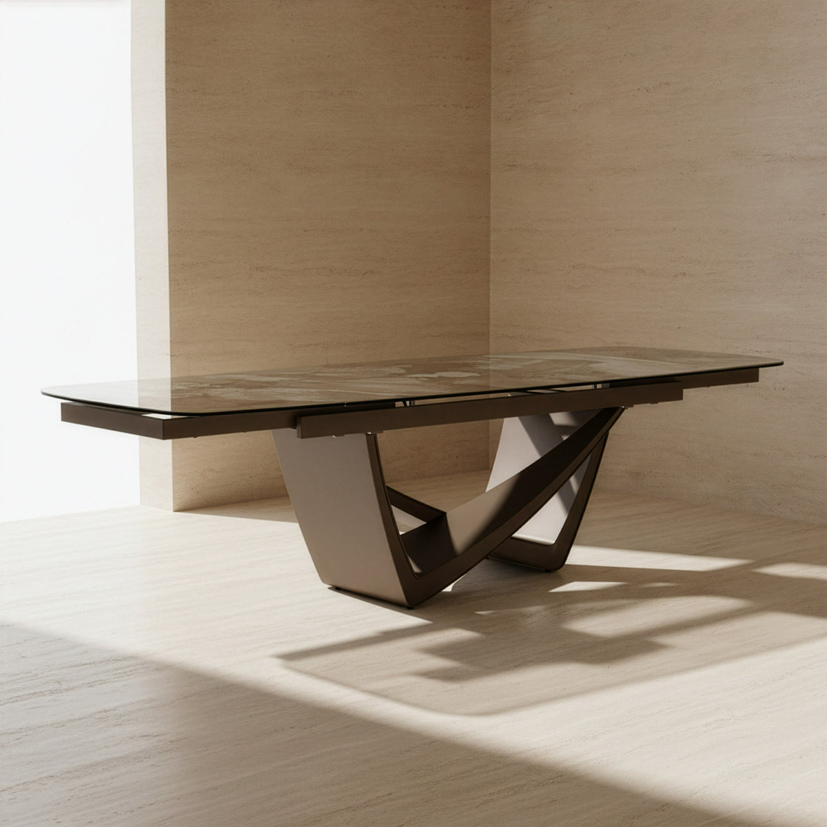 Dunster Contemporary Beige Ceramic + Metallic Grey Extendable Dining Table
