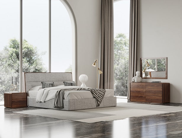 Dustin Modern Grey Fabric & Walnut Trimmed Bed