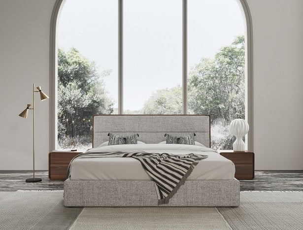 Dustin Modern Grey Fabric & Walnut Trimmed Bed