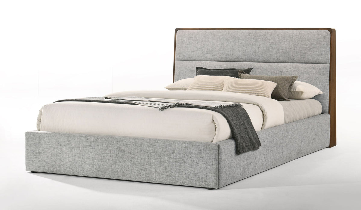 Dustin QueenModern Grey Fabric & Walnut Trimmed Bed
