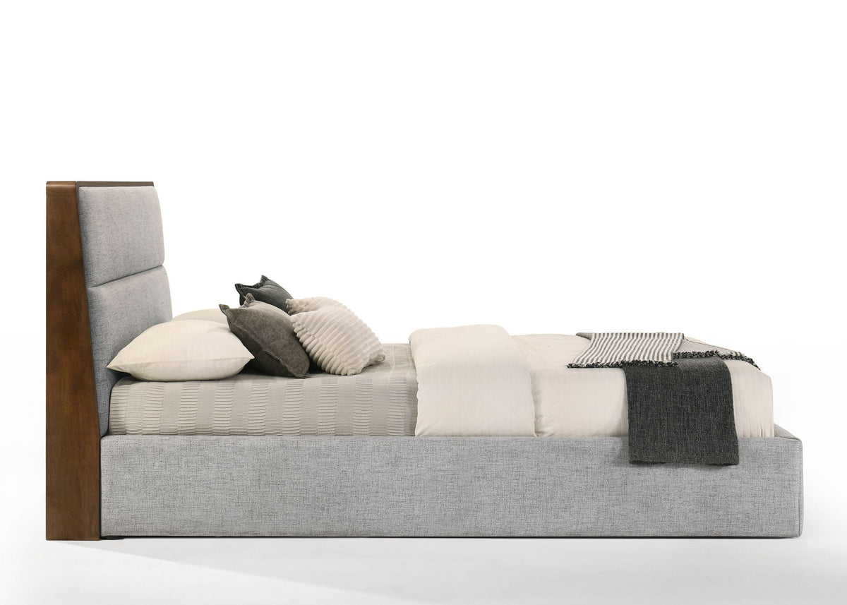 Dustin QueenModern Grey Fabric & Walnut Trimmed Bed