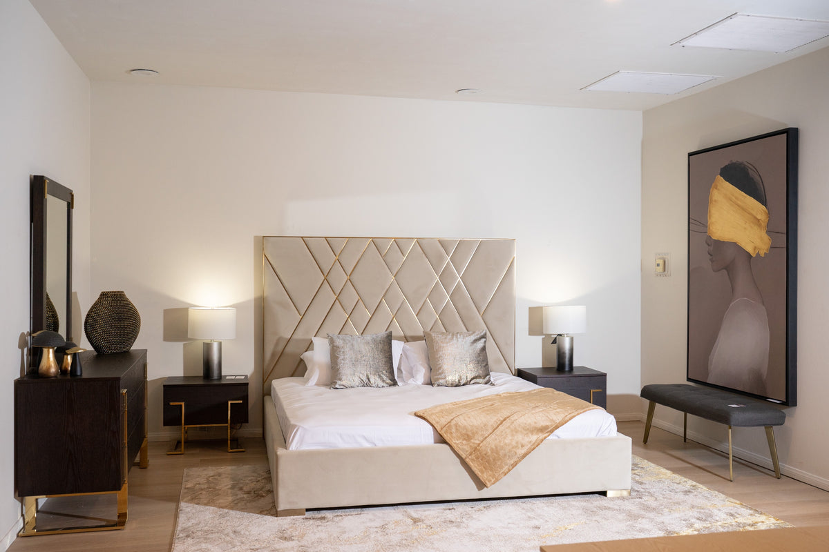 Eldora Queen Glam Beige Velvet and Brushed Brass Bed