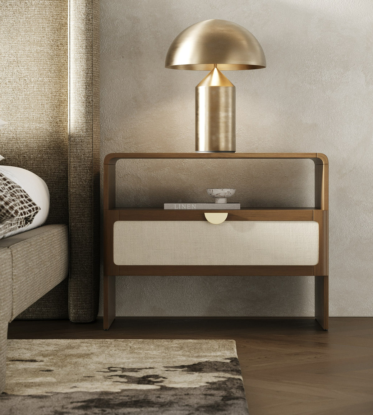 Emilio Modern Beige Fabric + Burlap + Walnut 4-Piece Bedroom Set