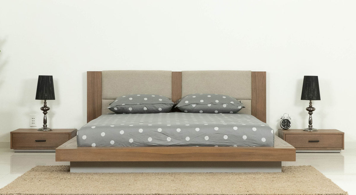 Eastern King Fantasia Contemporary Walnut & Grey Bed with Two Nightstands
