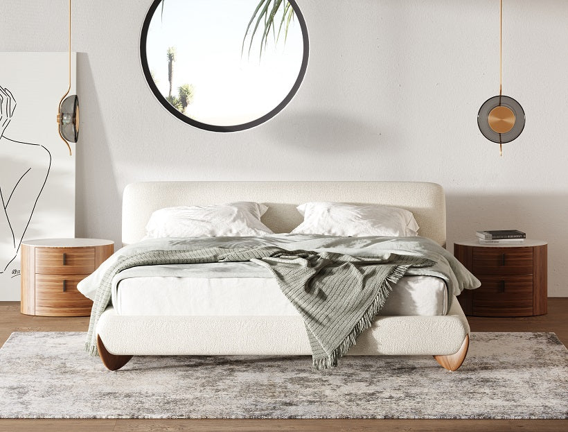 Fleury Contemporary Cream Fabric and Walnut Bed-queen