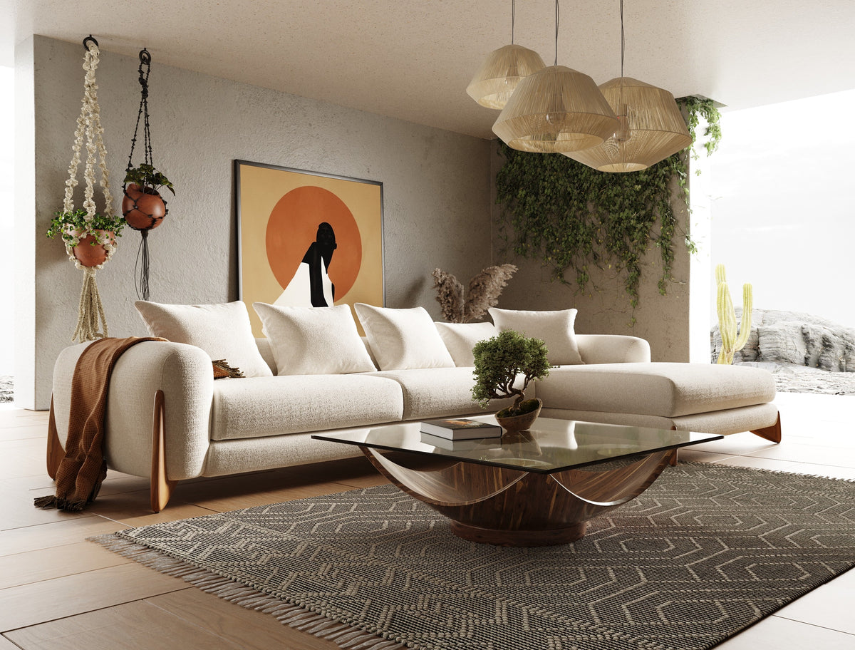 Modrest Fleury Contemporary Cream Fabric and Walnut RAF Sectional Sofa