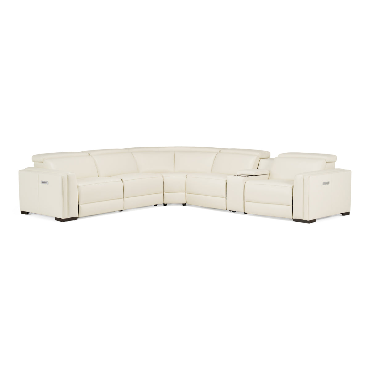 Frazier Modern White Leather Sectional Sofa with 3 Recliners + Console