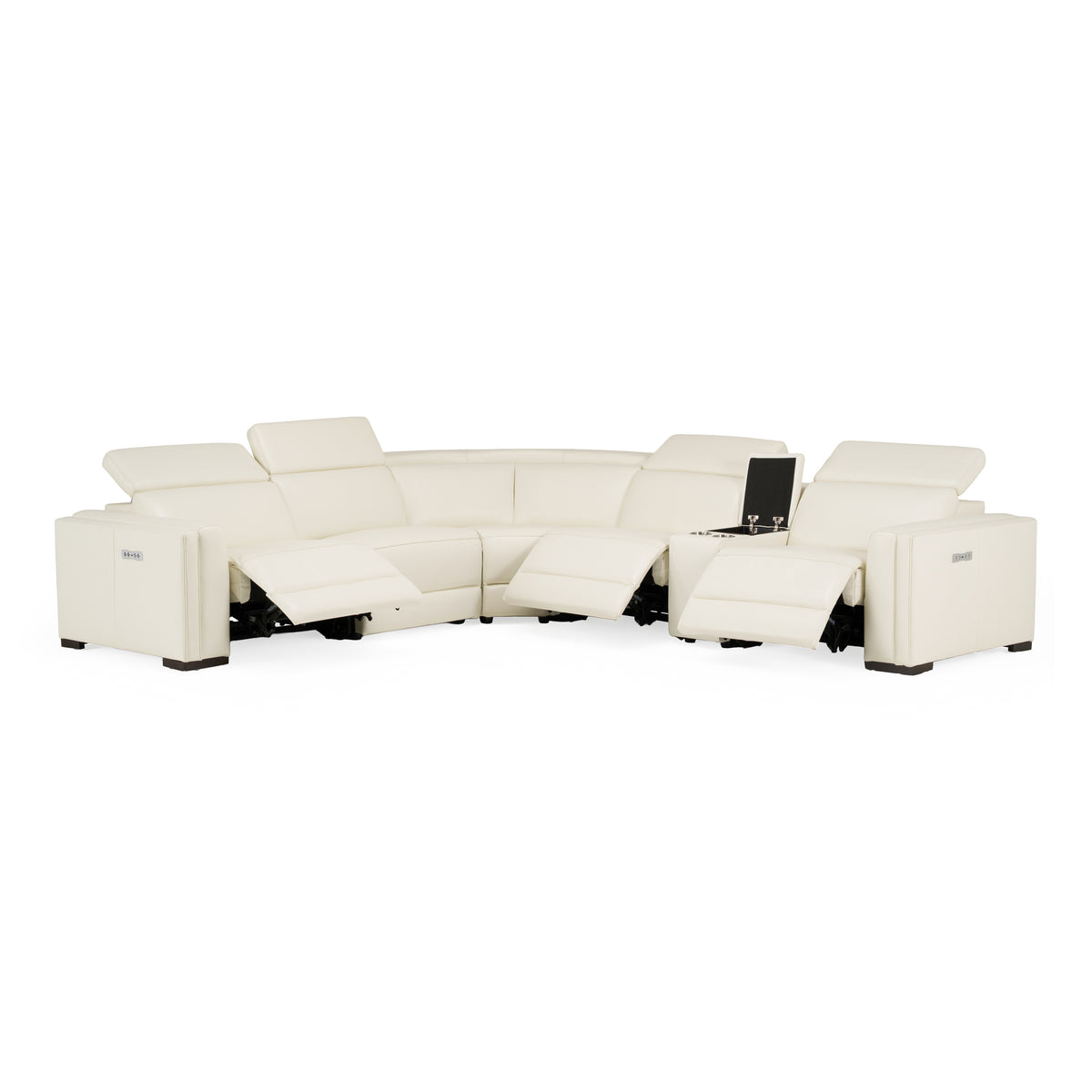 Frazier Modern White Leather Sectional Sofa with 3 Recliners + Console